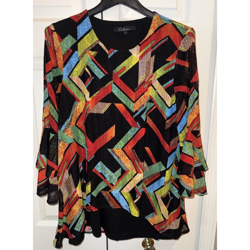 Calessa Pullover Top Womens L Colorful Mesh Overlay Bell Sleeve Stretch Abstract